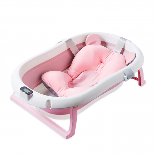 Bañera Tina De Baño Con Cojin Y Termometro De Bebés Plegable Rosa