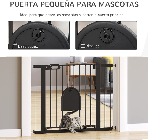 Barrera de Seguridad de Perros Mascotas para Escaleras y Puertas 75-103 cm  con 2 Extensiones Cierre Automático y Sistema de Doble Bloqueo Acero Negro  - Pawhut