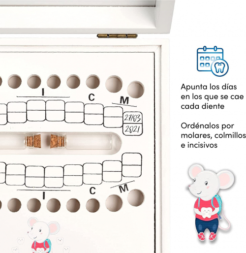 Caja para Guardar Dientes de Leche Ratoncito Pérez - Español - Niño y niña  - Madera Blanca - 16x16cm - Diseño a Color Ratón Exclusivo - Dravira
