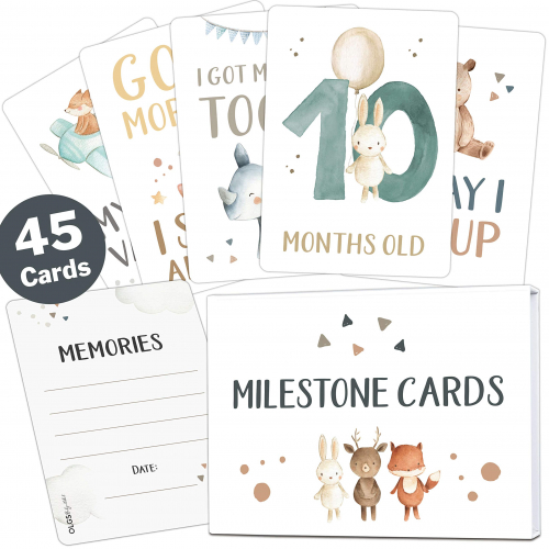 Juego de 45 tarjetas Milestone para bebés y niñas + caja de regalo ideal  para cumpleaños - blanco, Navidad o baby shower (animales, inglés) Tarjetas  de hitos en inglés - Olgs